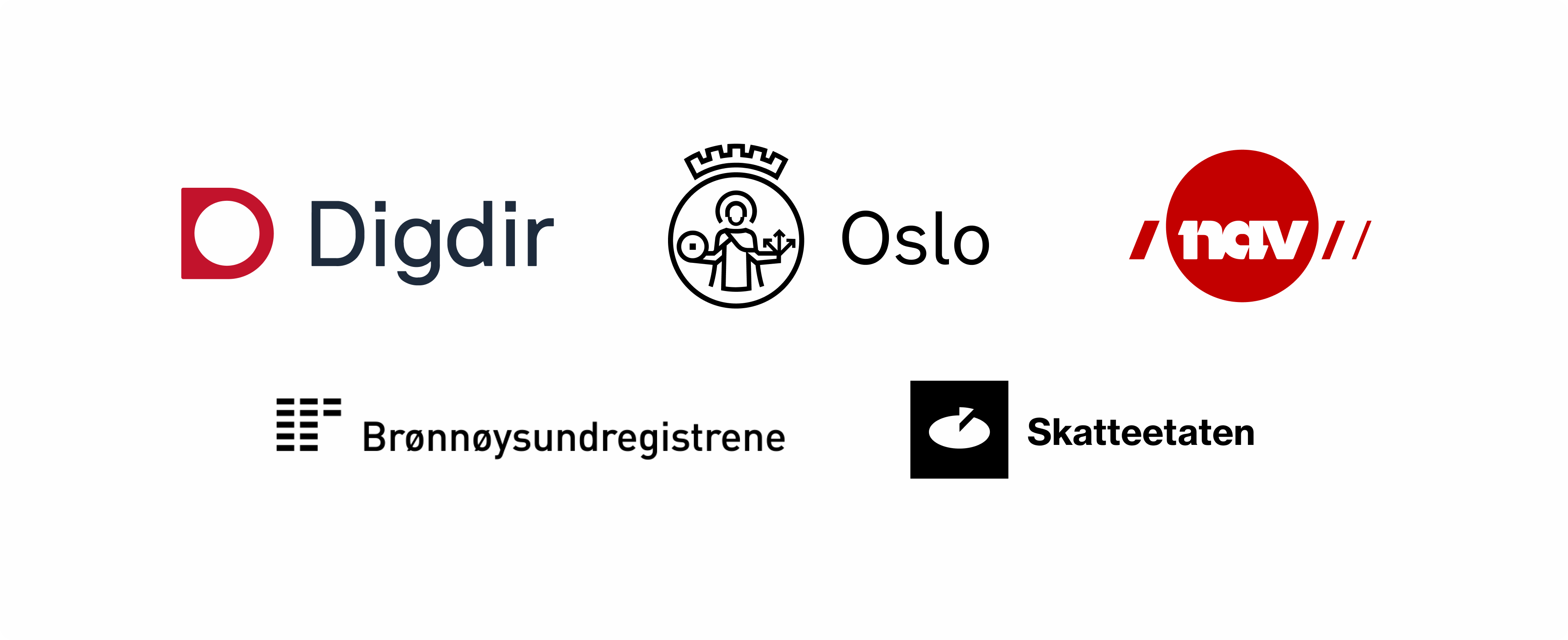 Logoene til Digdir, Oslo kommune, Nav, Skatteetaten, Brønnøysundregistrene